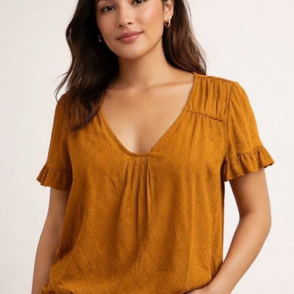 Anthropologie Mustard Blouse with Ruffle Sleeves